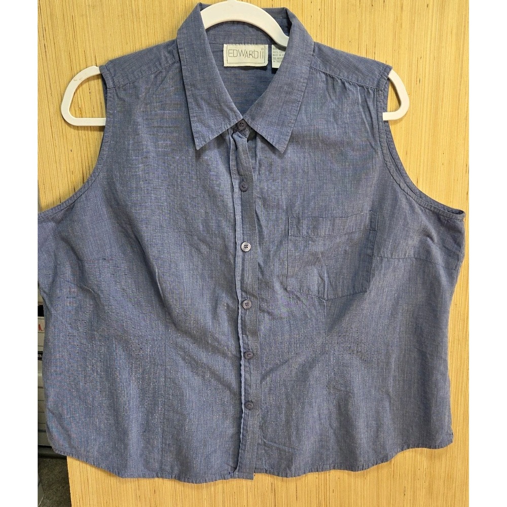 Edward II Sz 1X Ladies‎ Sleeveless Shirt Blue Denim Collar Button Down Cotton